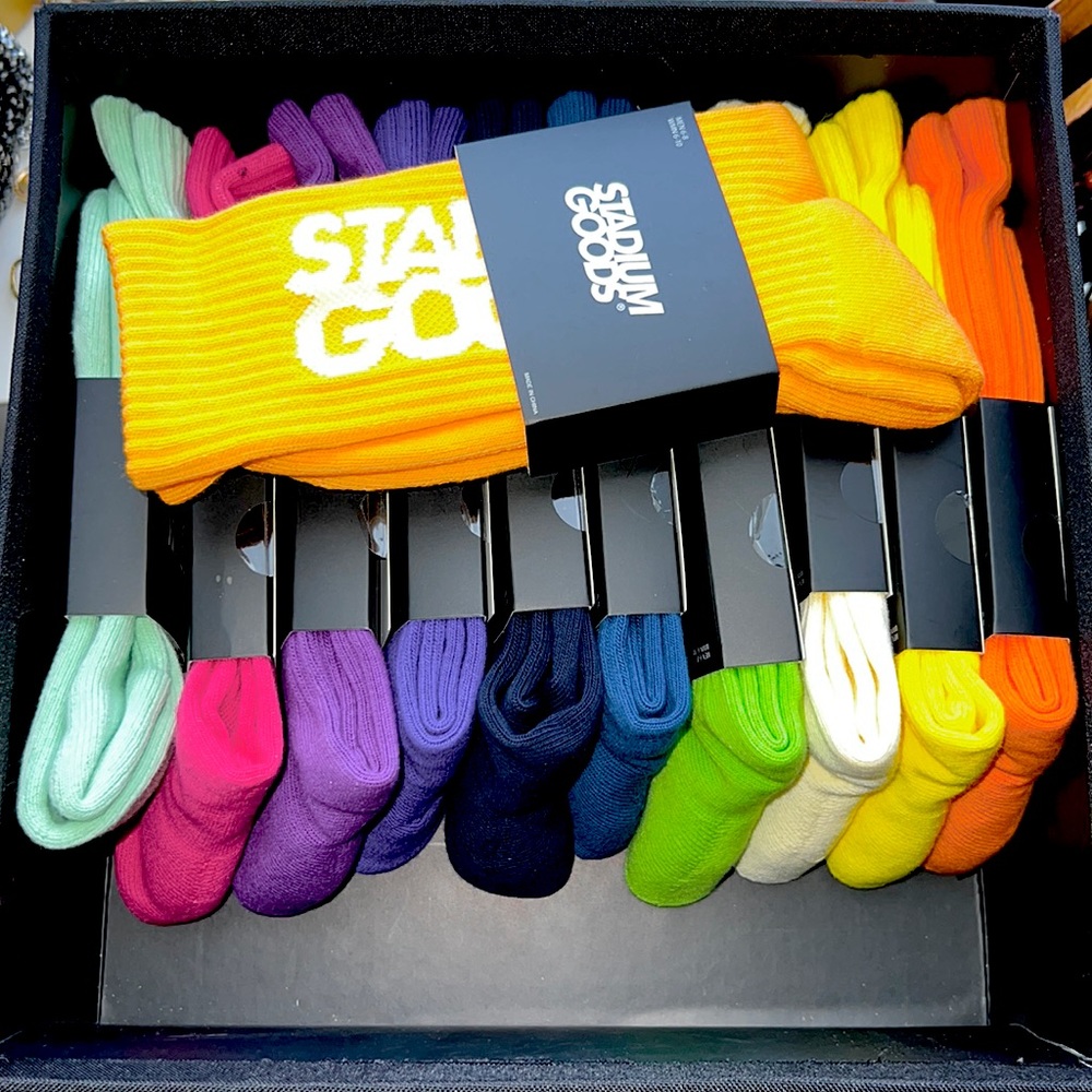 (11) multi color never worn “Stadium Goods” socks. |  Men 6-8 | Women 6-10